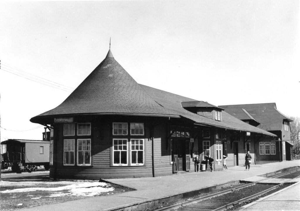 Showing the Orangeville station at its original location in its previous status as a train station